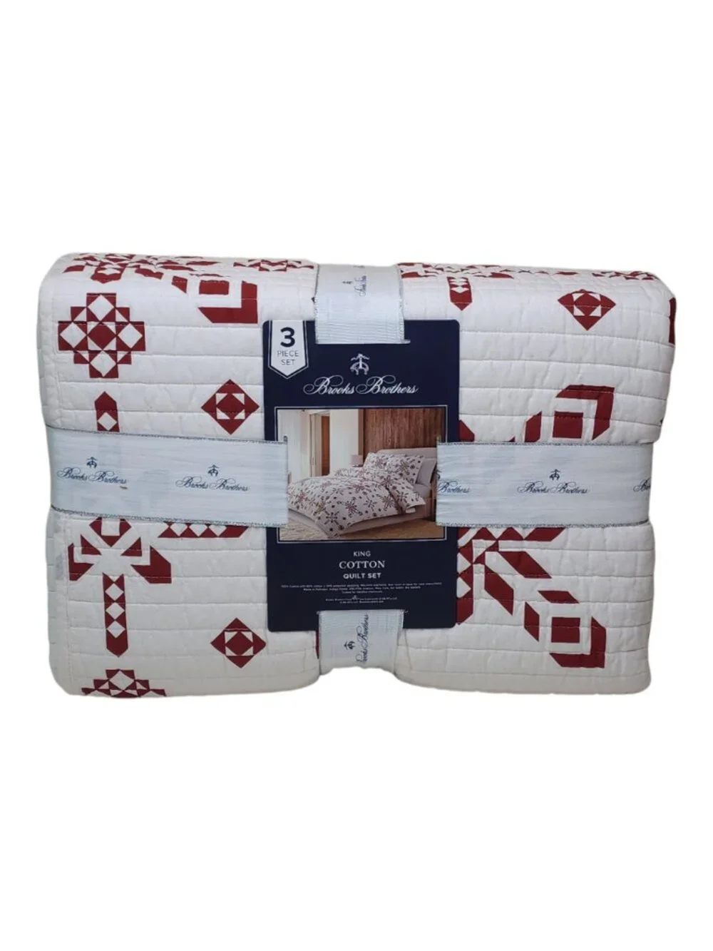 Brooks Brothers 3-Piece King Cotton Quilt Set 2 Shams Red & White Snowflakes